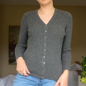 Dark gray rib-knit Bergdorf Goodman Collection cashmere cardigan